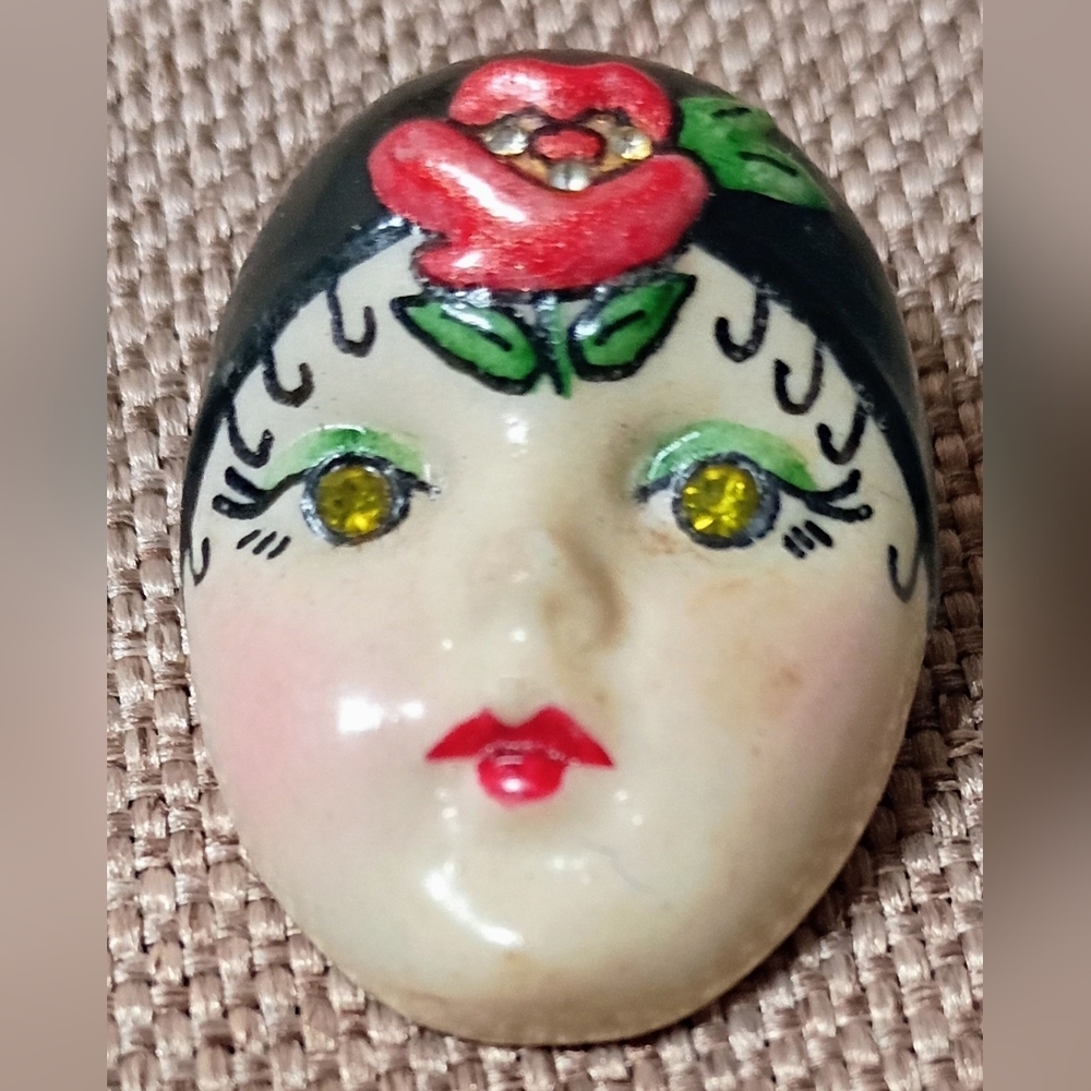 Vintage Tiny Doll Face Hat Lapel Pin BEAUTIFUL! It appears to be 1953 or 1959